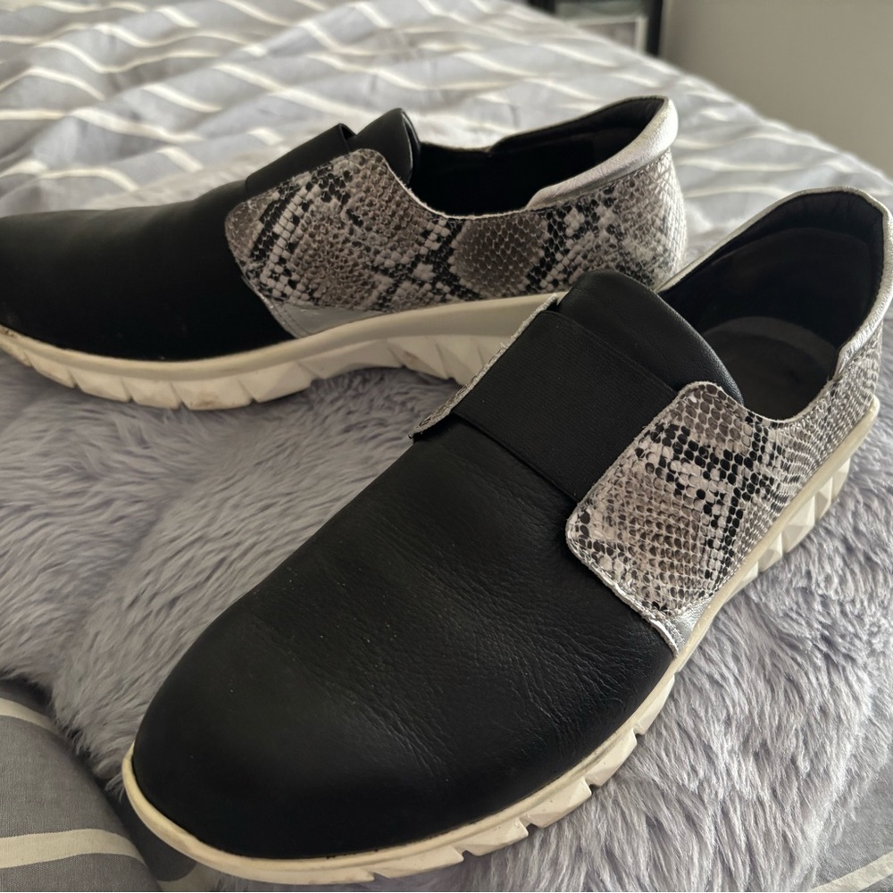 Black and Snake Print Slip-On Sneakers